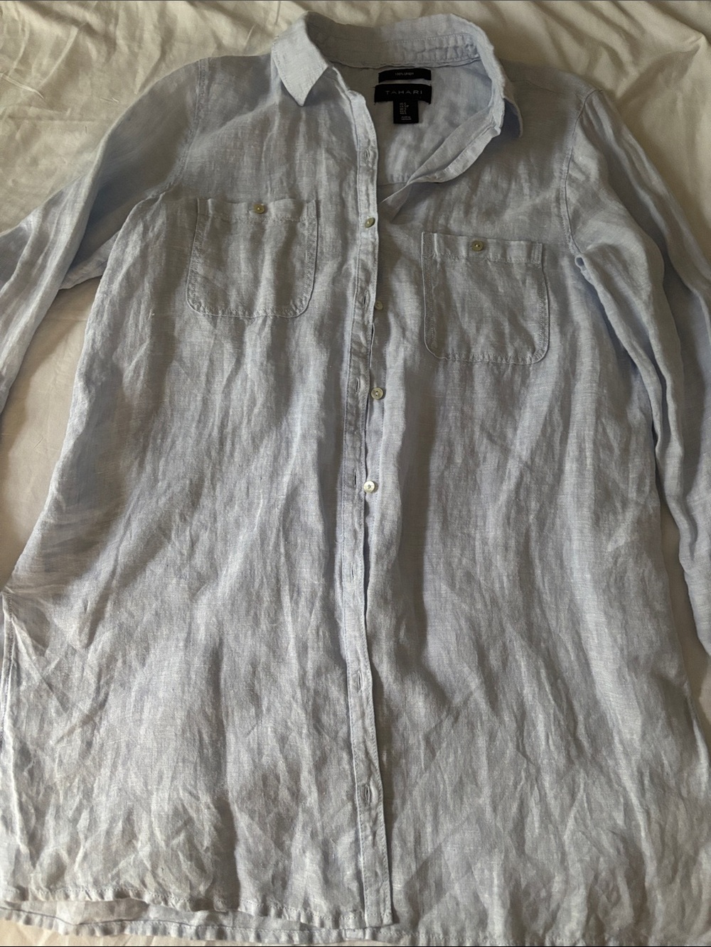 Tahari 100% Linen Button Down Shirt XS Light Blue Long Sleeve